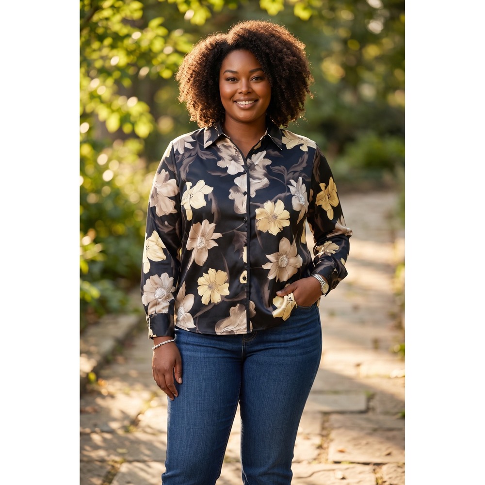 Covington Woman Black Tan Floral Button Down Blouse Shirt 16W Long Sleeve